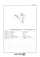Schematische Darstellung von Kludi BOZZ Komponenten für einen zwei Loch Wand-Mischer, einschließlich Spritzteil, Hebel, und Zubehörteilen in der Liste.